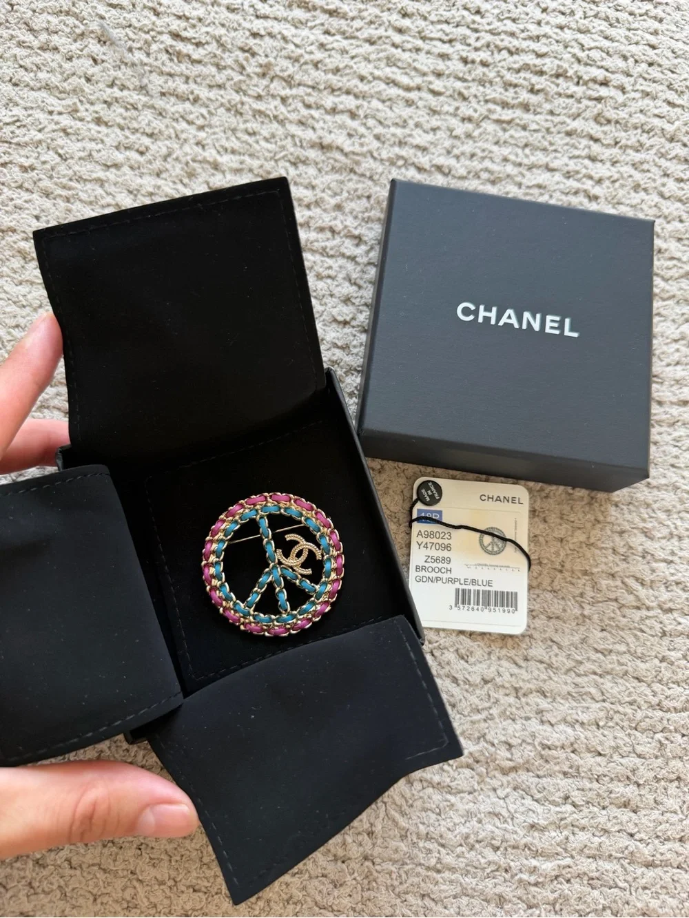 CHANEL Gold-Tone Multicolor Peace Sign Brooch - Pink, Purple, Blue
